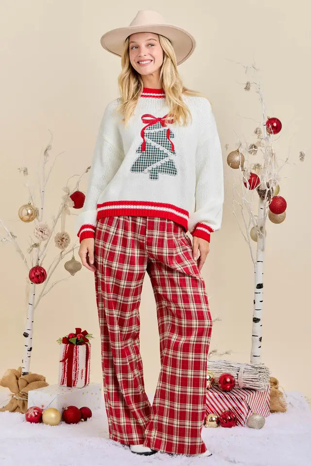 Plaid Tree Knit Sweater with Red Bow – Holiday Pullover