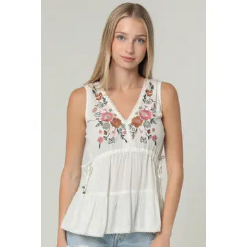 Embroidered V Neck Tank Top with Side Ties and Lace