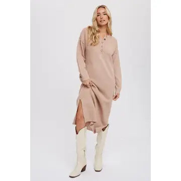 Button Front Midi Sweater Dress-Latte Color