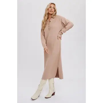 Button Front Midi Sweater Dress-Latte Color