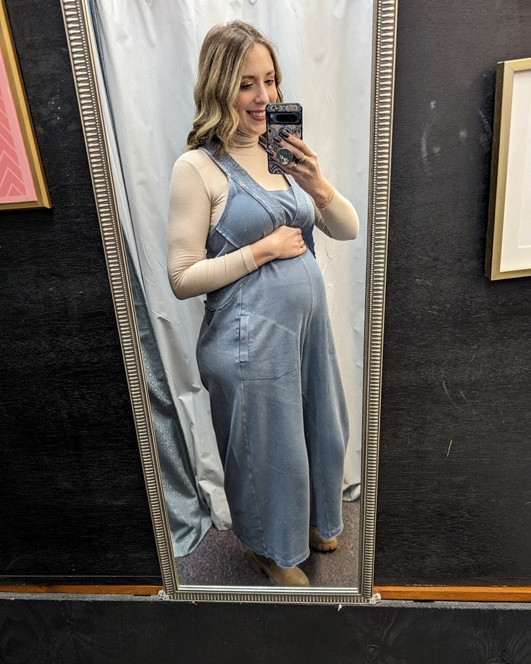 Easel Mineral Washed Terry Knit Jumpsuit in Denim