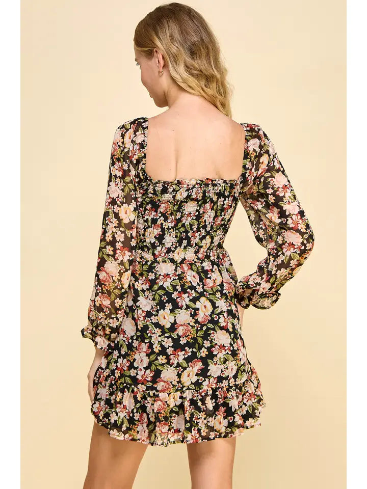 Long Sleeve Smocked Bodice Floral Dress