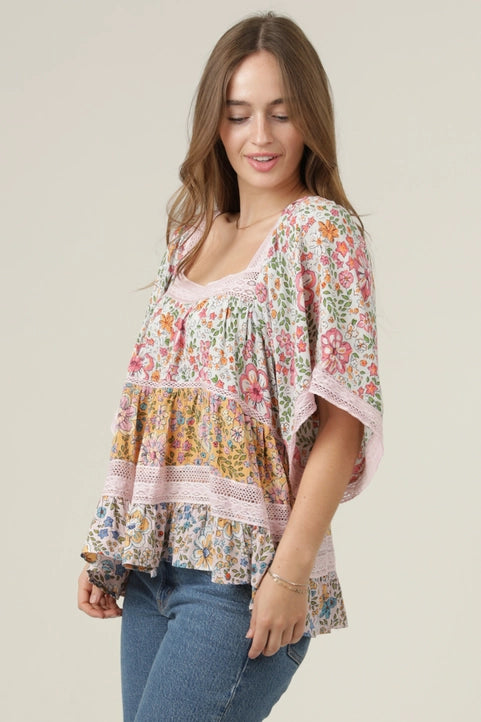 Square Neck Lace Trim Mixed Floral Print Top