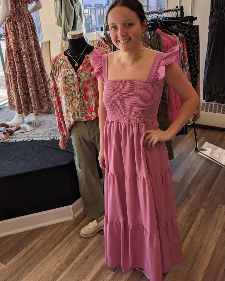 Mauve Ruffled Sleeve Square Neck Smocked Tiered Dress