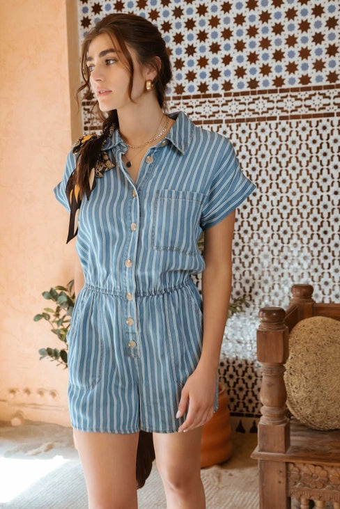 Blu Pepper Stripe Button Down Romper