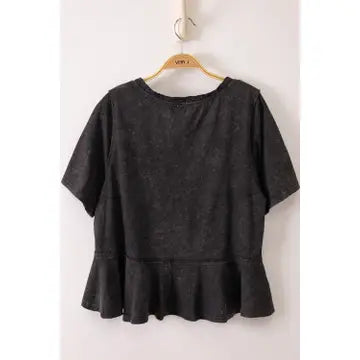 Lace Trim Detail Mineral Washed V-Neck Knit Top-Black