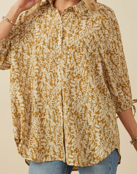 Women's Botanical Print Tie Sleeve Oversized Button Down Shirt