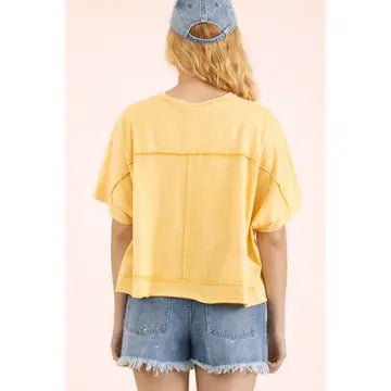 Mineral Washed Oversized Crop Comfy Knit Top-Yellow