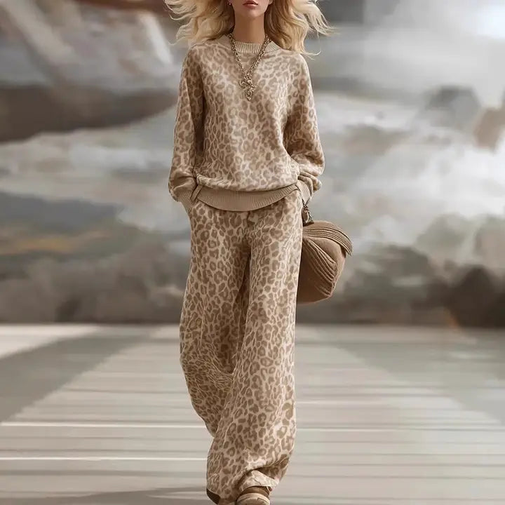 Leopard Print Sweatshirt & Wide Leg Pants Lounge Set