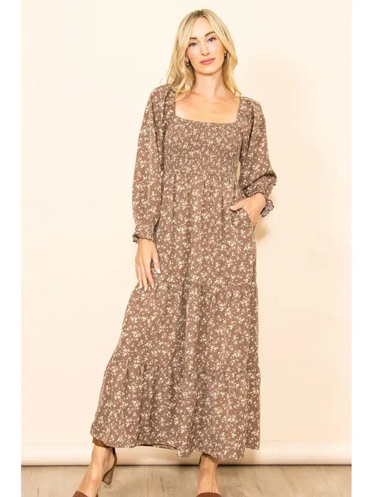 Romantic Floral Square Neck Tiered Maxi Dress with Pockets