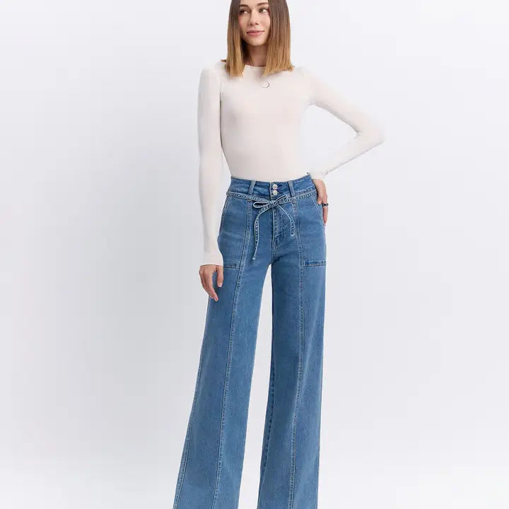 Super High Rise Tie Waistband Wide Leg Jeans
