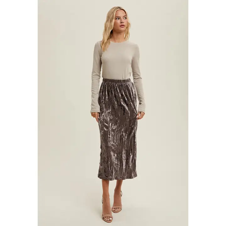 Crinkled Velvet Midi Skirt