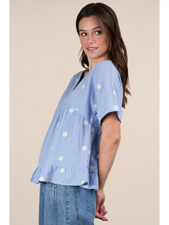 Flower Embroidered Woven Blouse