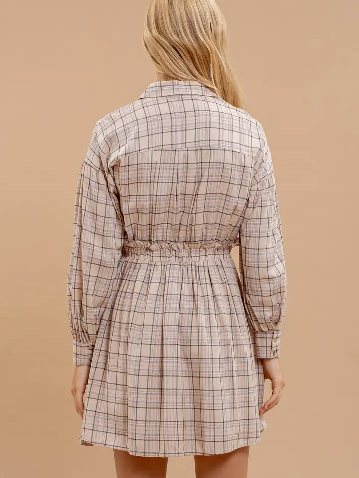 Plaid Collared Button-Down Long Sleeve Dress