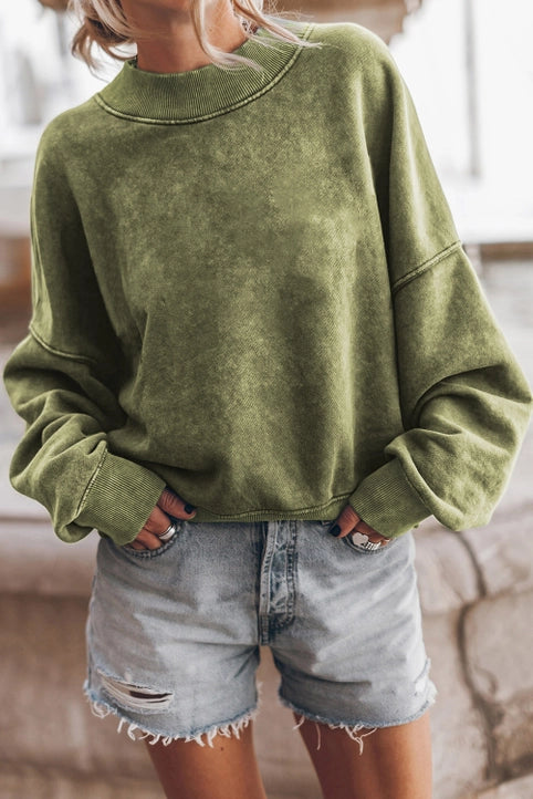 Solid Color Drop Shoulder Crew Neck Pullover Sweatshirt (Green)