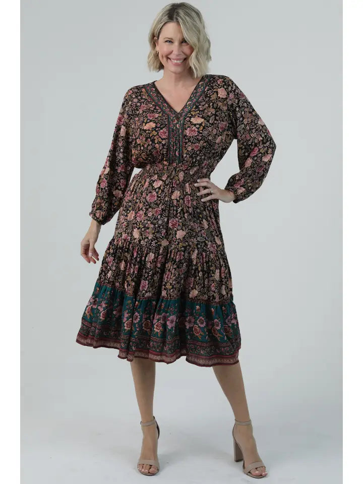 Tiered Maxi Dres with Smocked Bodice Deep V Neck