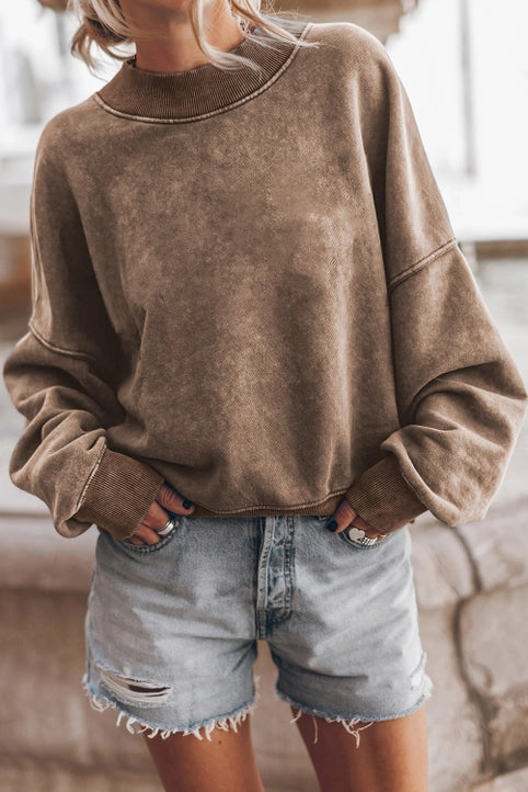 Solid Color Drop Shoulder Crew Neck Pullover Sweatshirt (Brown)