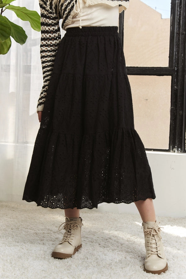 Elastic Waistband Tired Midi Skirt