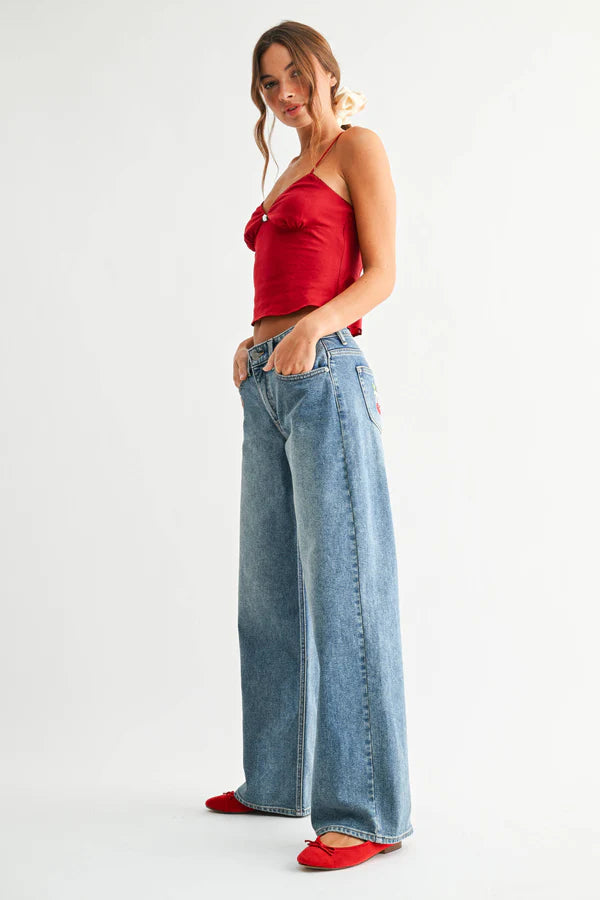 Wide Leg W/ Cherry Embroidery