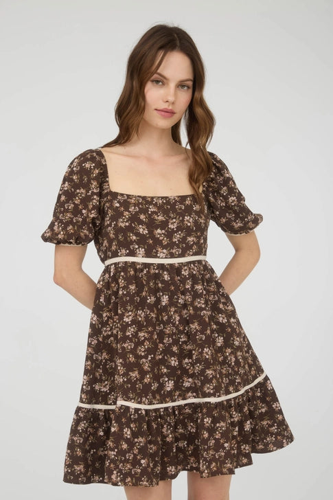 Floral Contrast Trim Detail Puff Sleeves Mini Dress