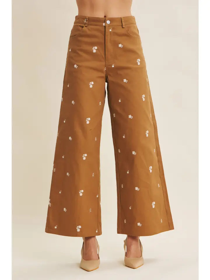 Embroidery Cotton Span Wide-Leg Stretchy Pants
