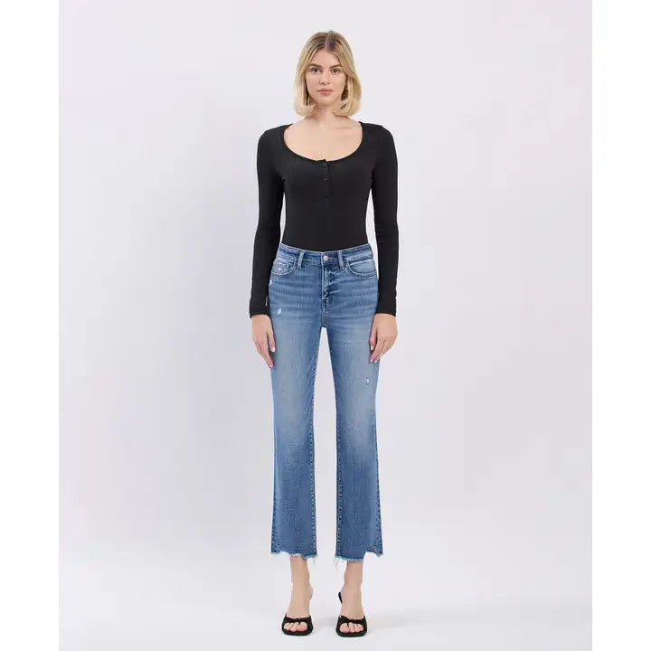 High Rise Uneven Raw Hem Slim Straight Jeans