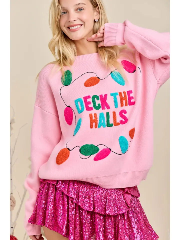 Deck the Halls Pink Christmas Knit Sweater Holiday Pullover