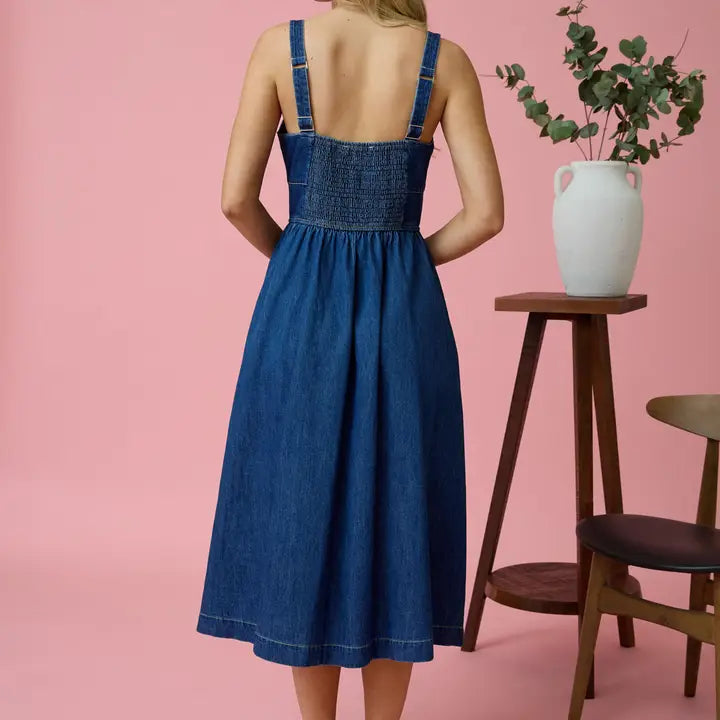 Lace Up Sleeveless Denim Midi Dress