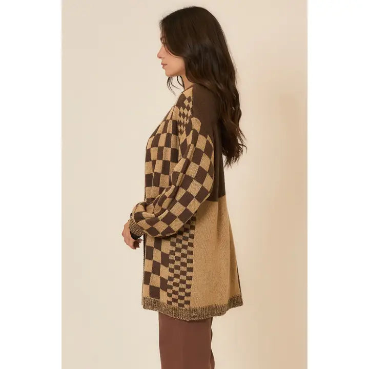 Checker Jacquard Knit Open Cardigan