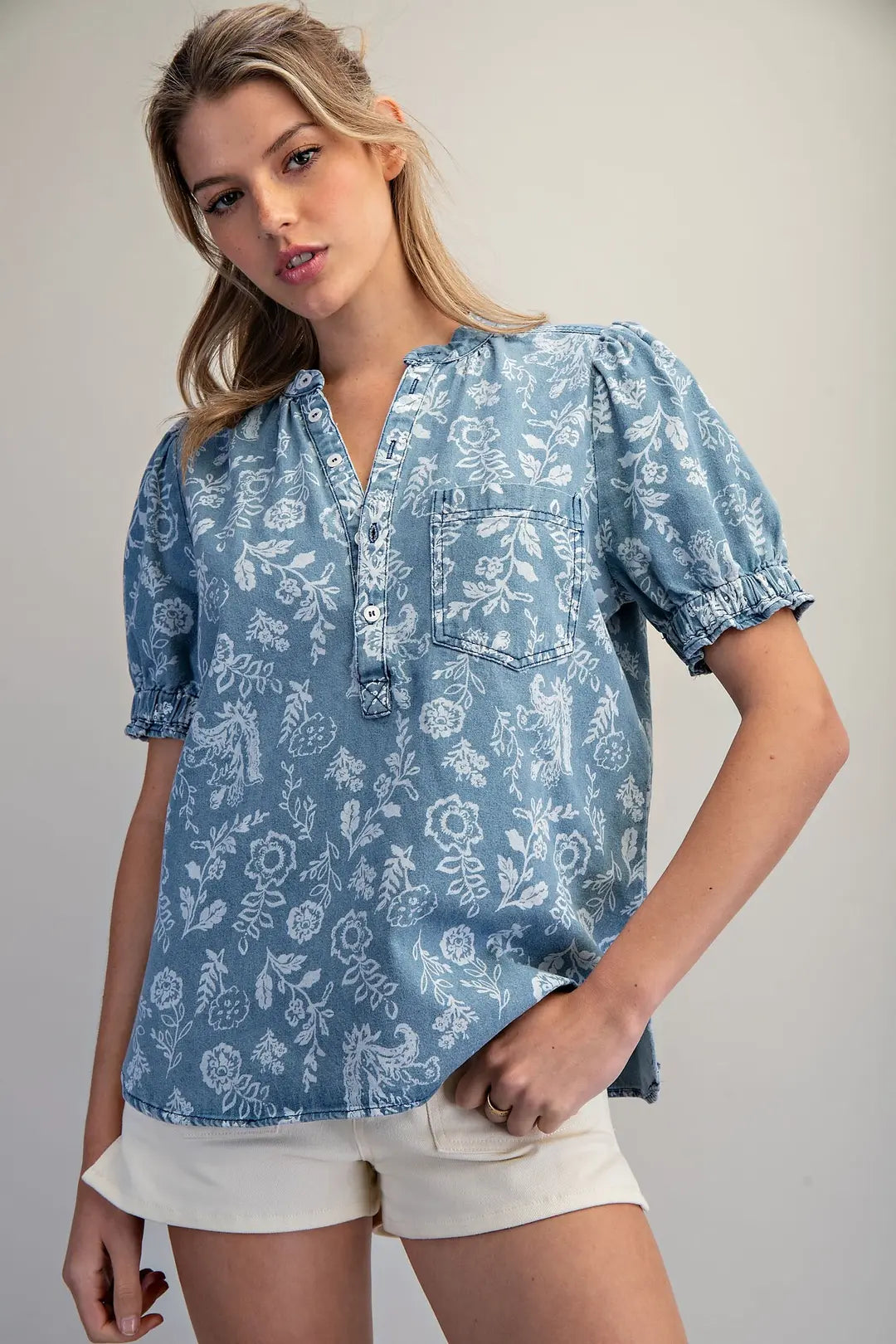 Mineral Washed Floral Printed Blouse