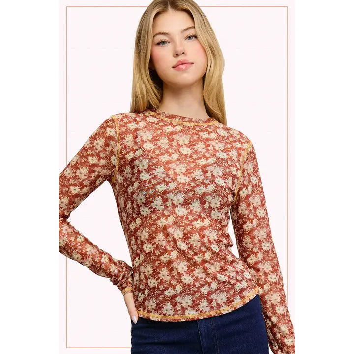 Semi Sheer Crew Neck Long Sleeve Mesh Layering Top - Cinnamon