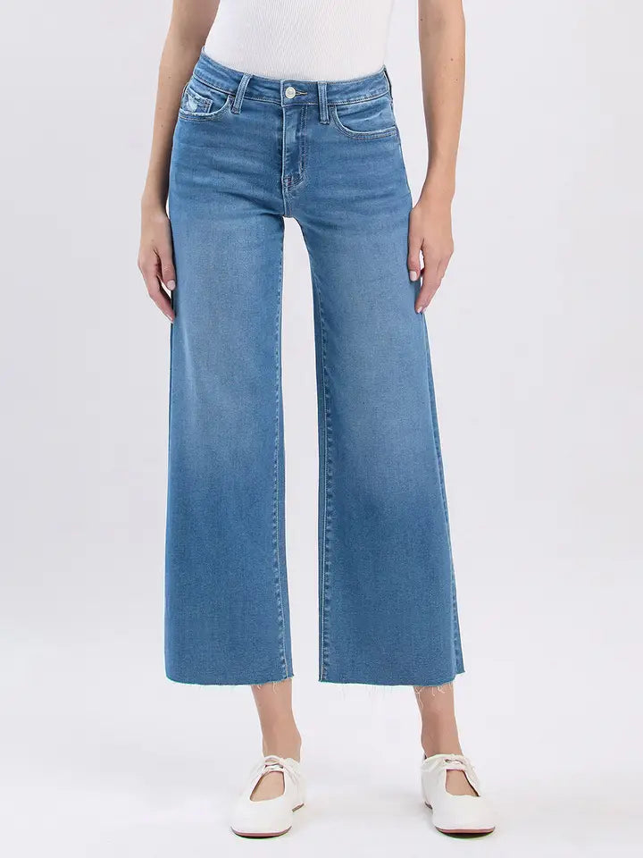 High Rise Clean Cut Raw Hem Crop Slim Wide Jeans