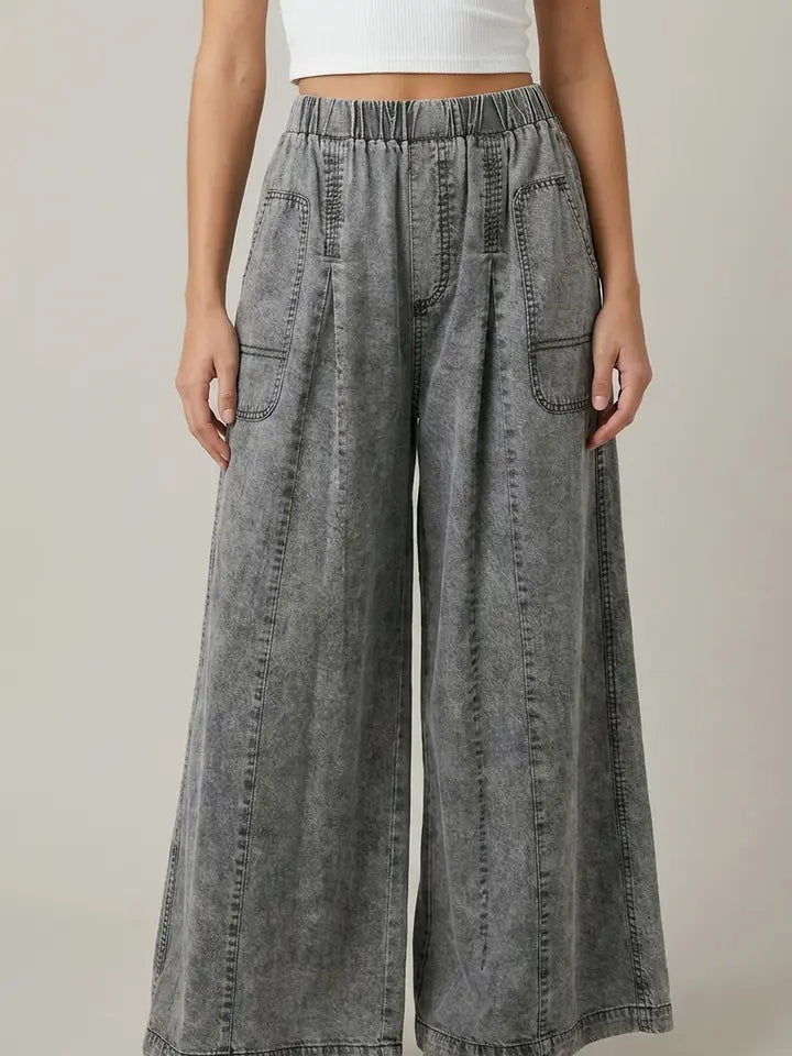 Chambray Elastic Waist Wide Leg Culotes Pants