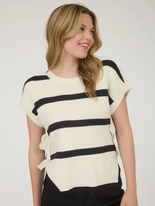 Stripe Side Tie Short Sleeve Knit Sweater