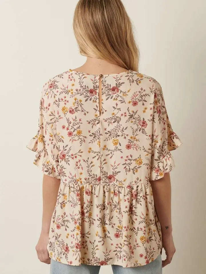 Flower Print Dolman Ruffle Sleeve Blouse