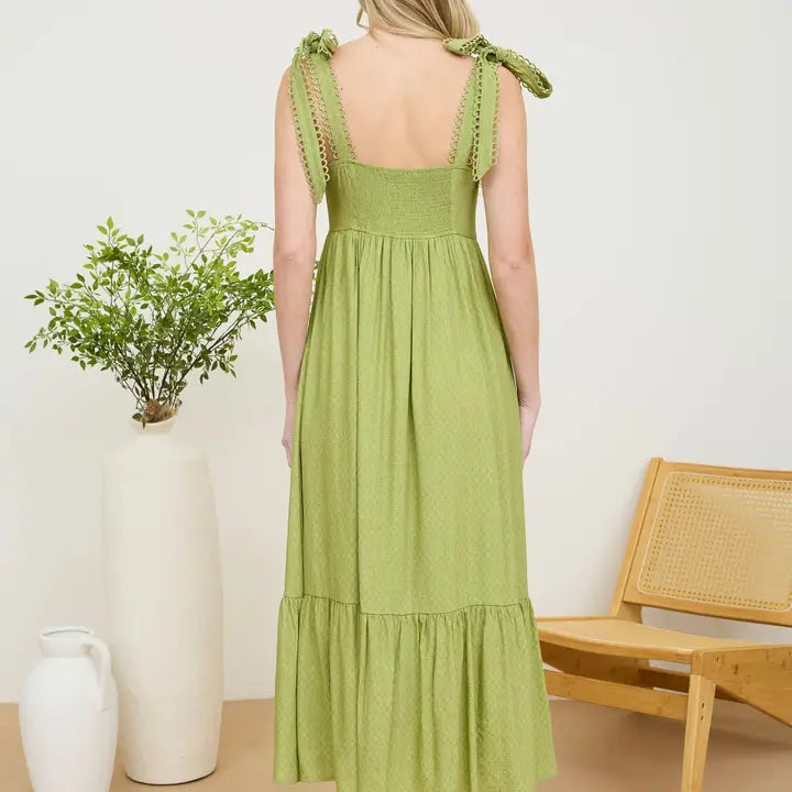 Scallop Eyelet Trim Tie Strap Midi Dress