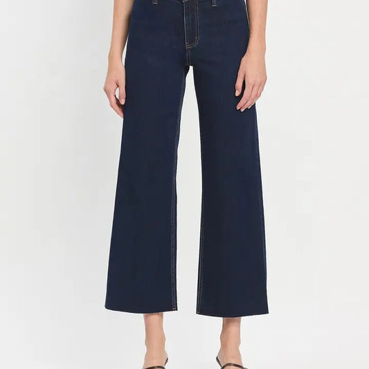 High Rise Clean Cut Raw Hem Ankle Wide Jeans