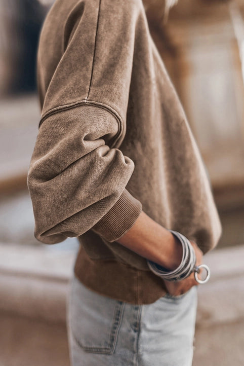 Solid Color Drop Shoulder Crew Neck Pullover Sweatshirt (Brown)