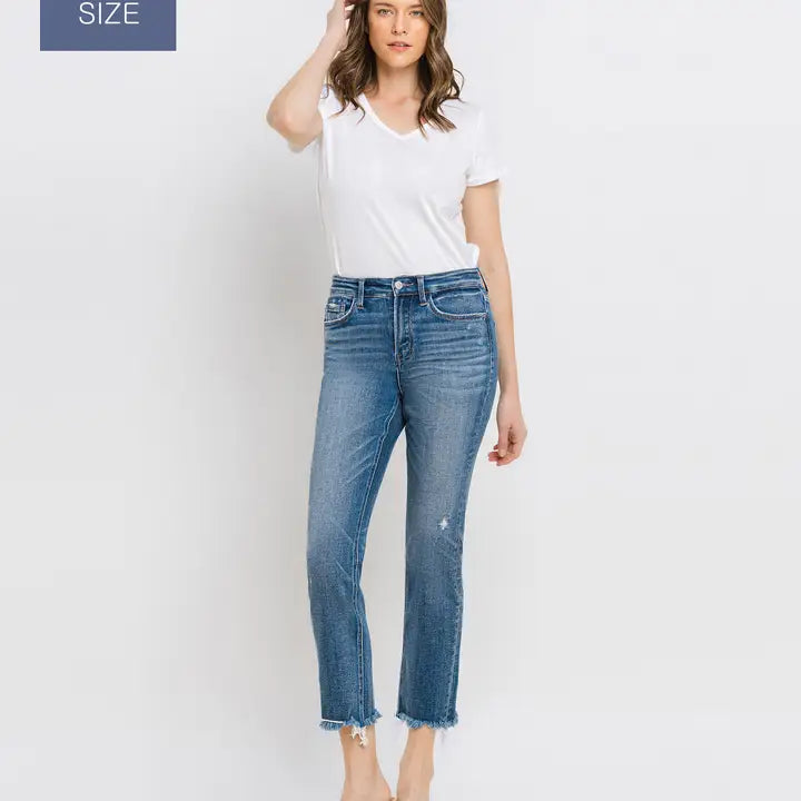 Plus Size High Rise Uneven Raw Hem Slim Straight