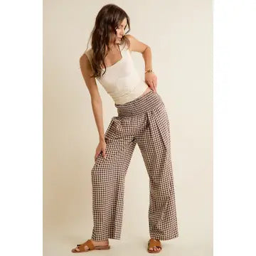 Gingham Smocked Waist Wide Leg Pants