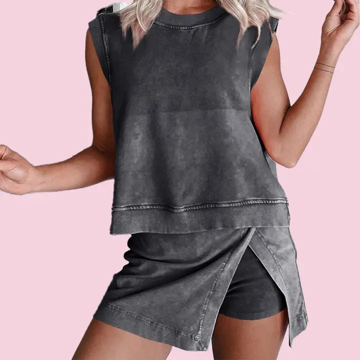 Two Pieces Cotton Tank Top Lined Split Athletic (Black)
