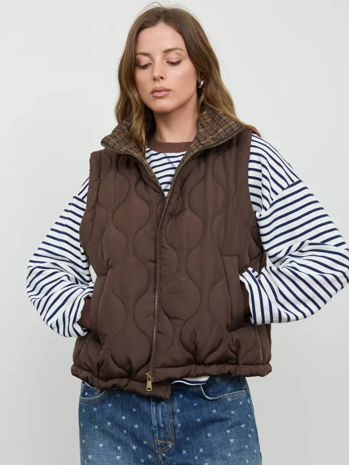 Plaid Collar Quilted Zip-Up Vest