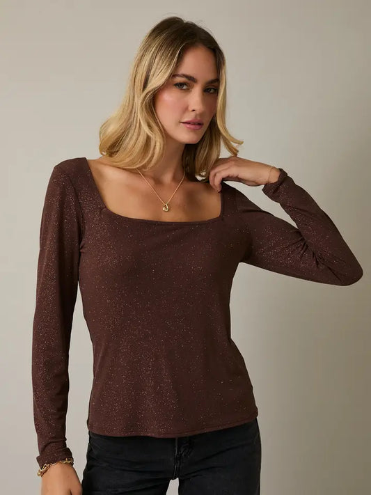 Square Neck Long Sleeve Metallic Top