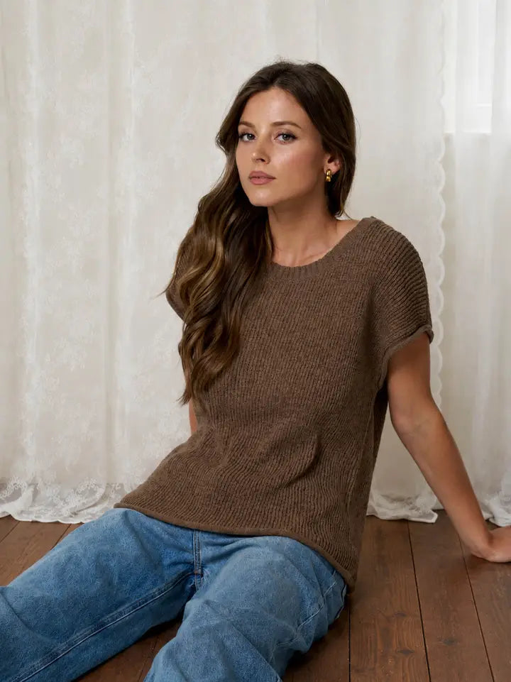 Crew Neck Raw Sleeve Relaxed Sweater Knit Top