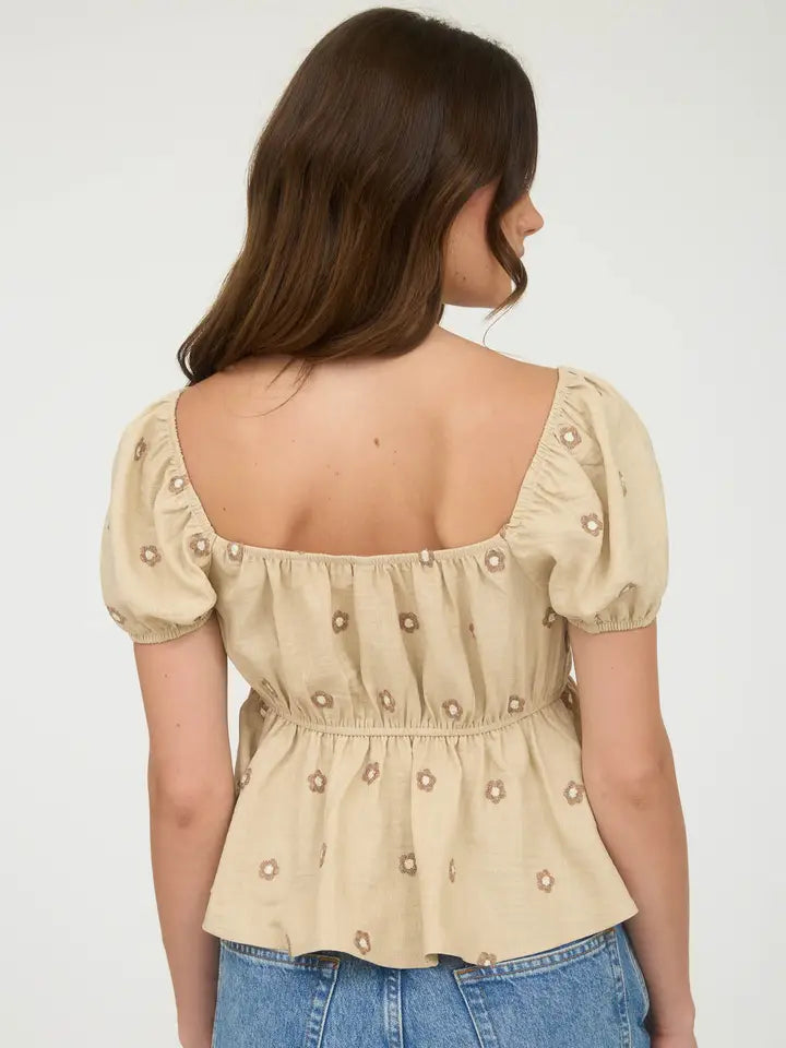 Embroidered Daisy Puff Sleeve Pleated Blouse
