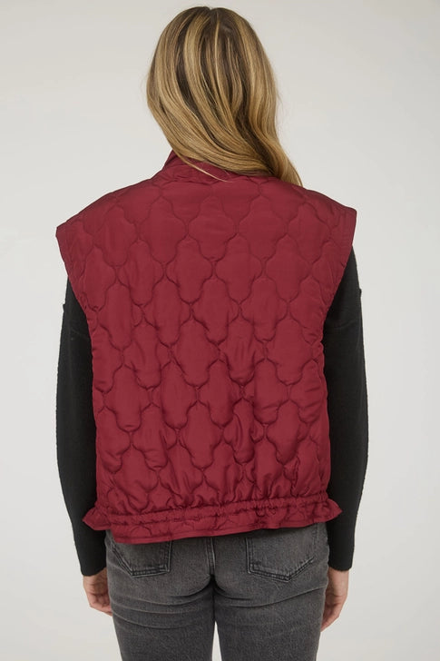 Burgundy Tie Detail Snap Button Down Quilted Puffer Vest