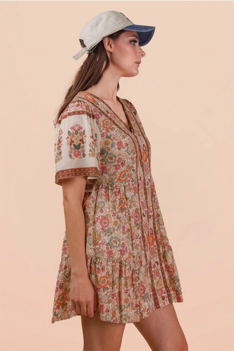 Shirring Detail Printed Woven Mini Dress
