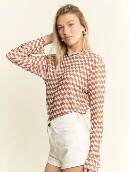 Checkered Mesh Mock Neck Top