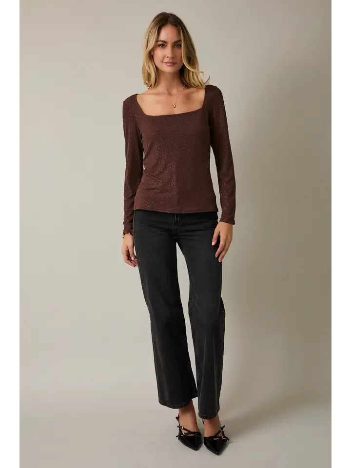 Square Neck Long Sleeve Metallic Top