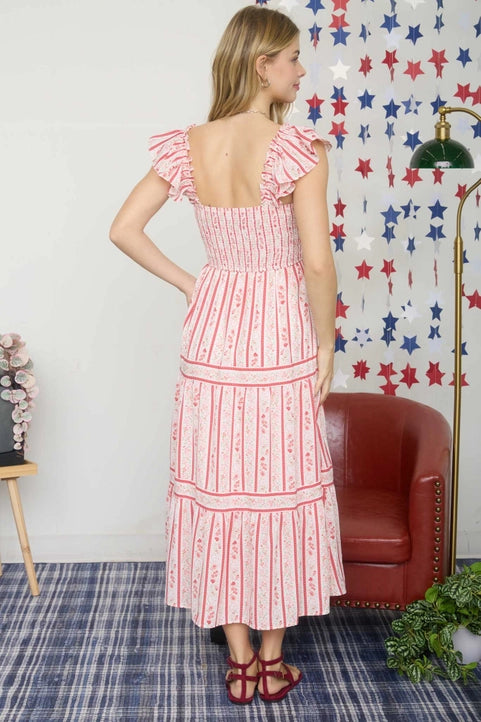 Stripe Floral Pattern Smocked Tiered Midi Dress